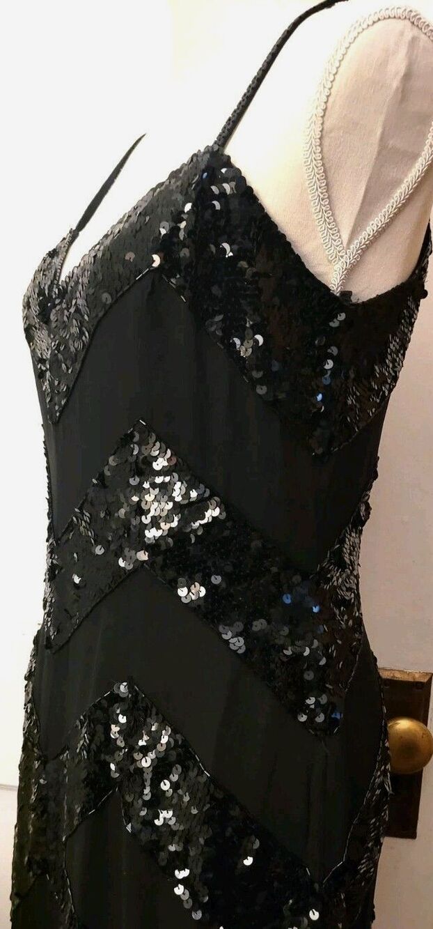 Vintage Y2K Black Silk Sequin Column Maxi Long Gown Evening Formal Slip Dress M - Picture 8 of 16